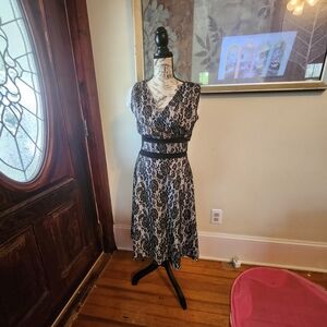 Aa Studio Black and White Lace-Print V-Neck Midi Dress